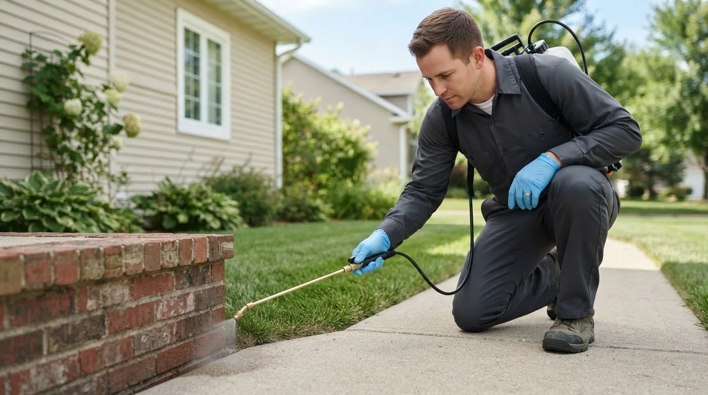 Pest control technician treating a home near Livonia, NY
