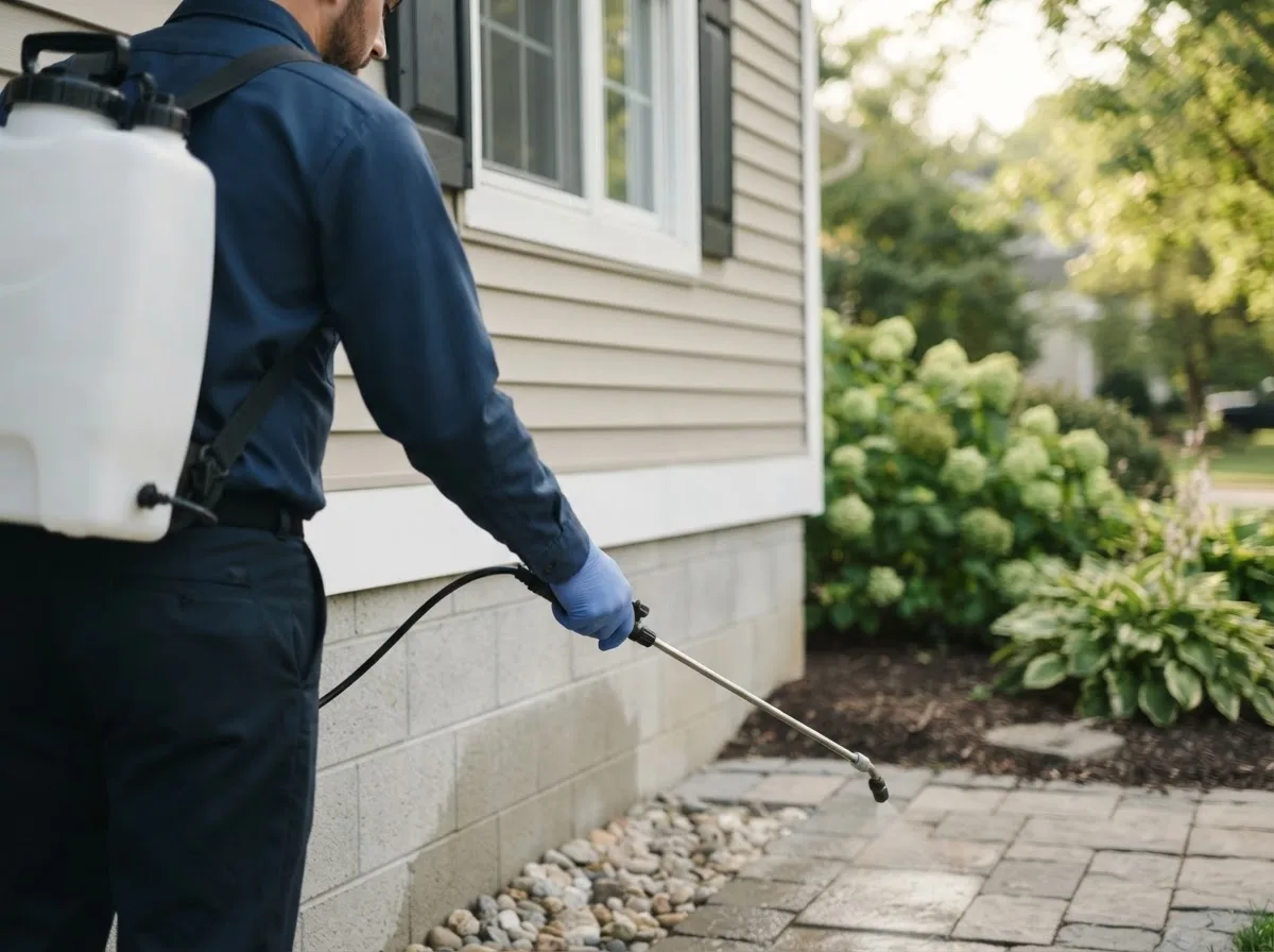 Pest control technician inspecting a home in Livonia, NY